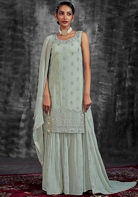Green Embroidered Poly Blend Sharara Set With Dupatta