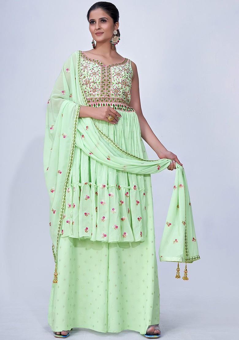 Green Embroidered Poly Blend Palazzo Set With Dupatta
