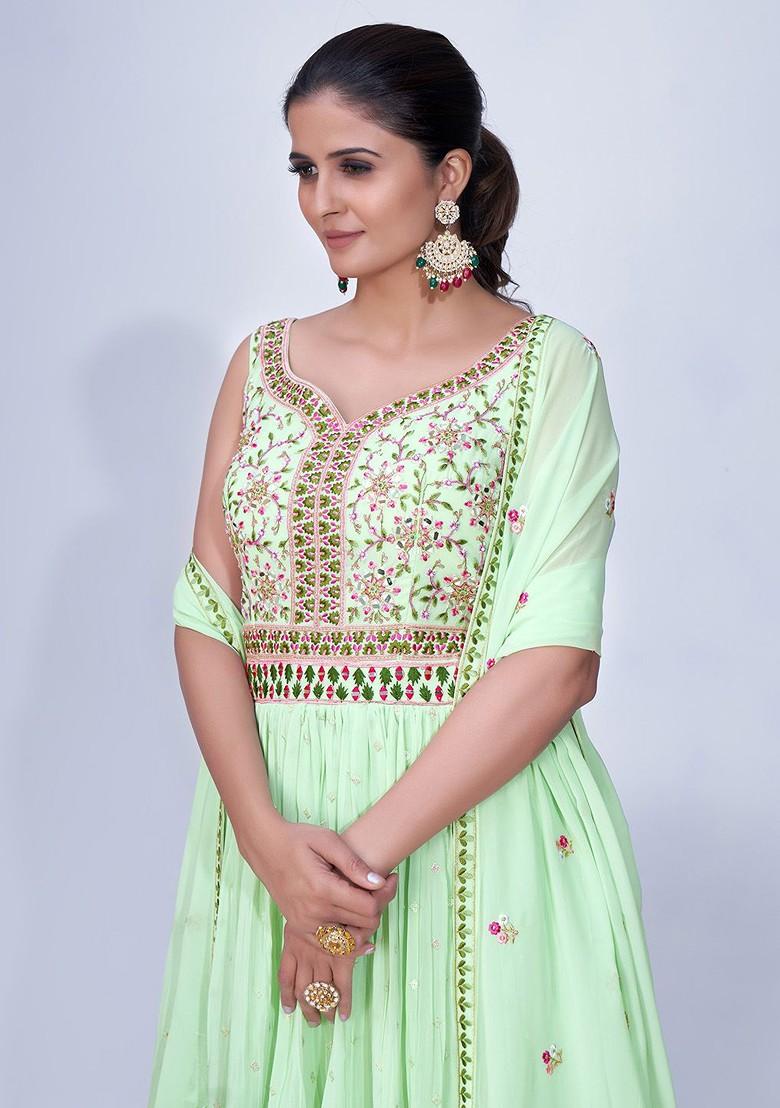 Green Embroidered Poly Blend Palazzo Set With Dupatta