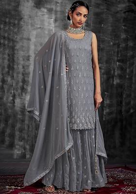 Grey Embroidered Poly Blend Sharara Set With Dupatta