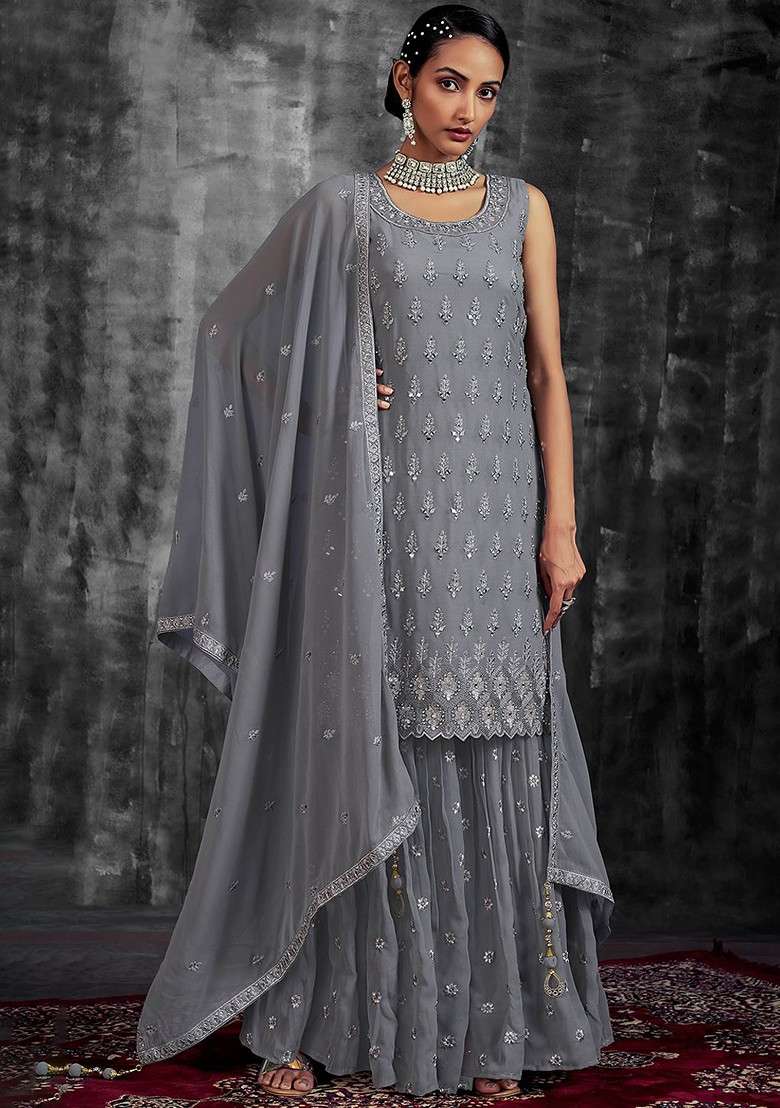 Grey Embroidered Poly Blend Sharara Set With Dupatta - Indya