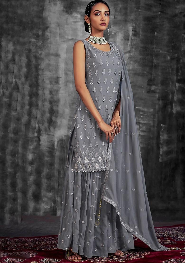 Grey Embroidered Poly Blend Sharara Set With Dupatta