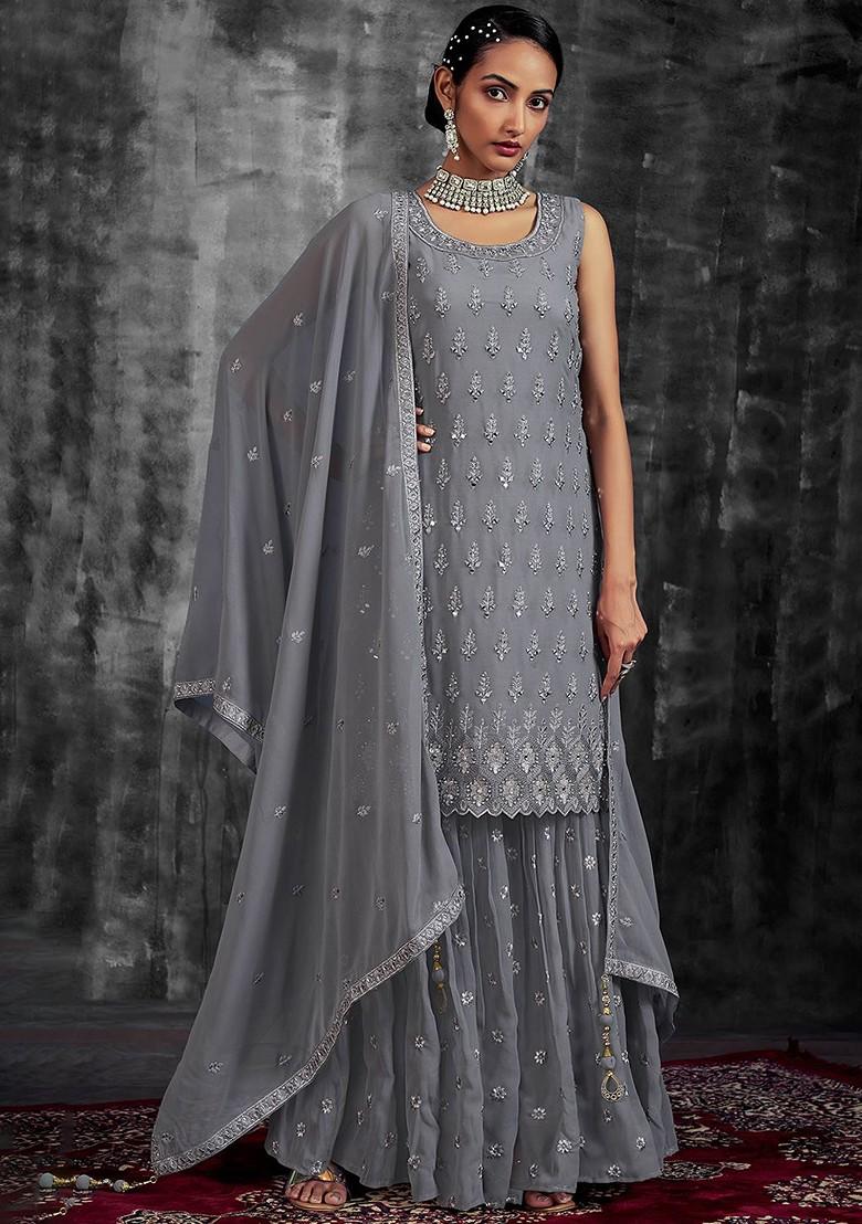 Grey Embroidered Poly Blend Sharara Set With Dupatta