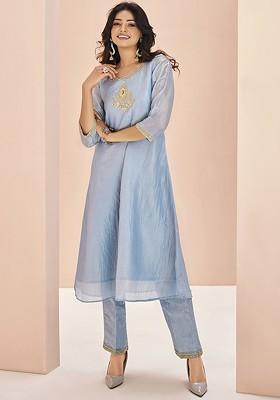 Blue Embroidered Poly Blend Salwar Kameez