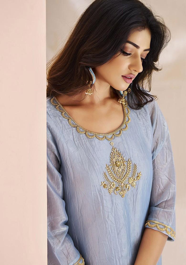 Blue Embroidered Poly Blend Salwar Kameez