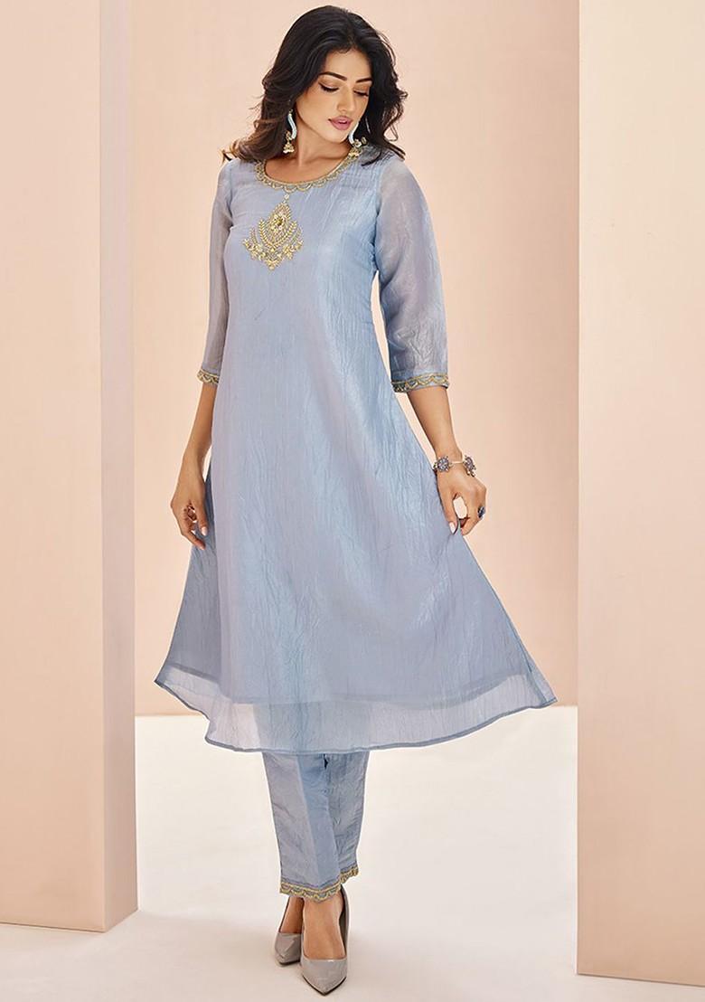 Blue Embroidered Poly Blend Salwar Kameez