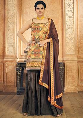 Brown Embroidered Poly Blend Sharara Set With Dupatta