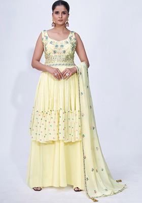 Yellow Embellished Poly Blend Palazzo Set With Dupatta