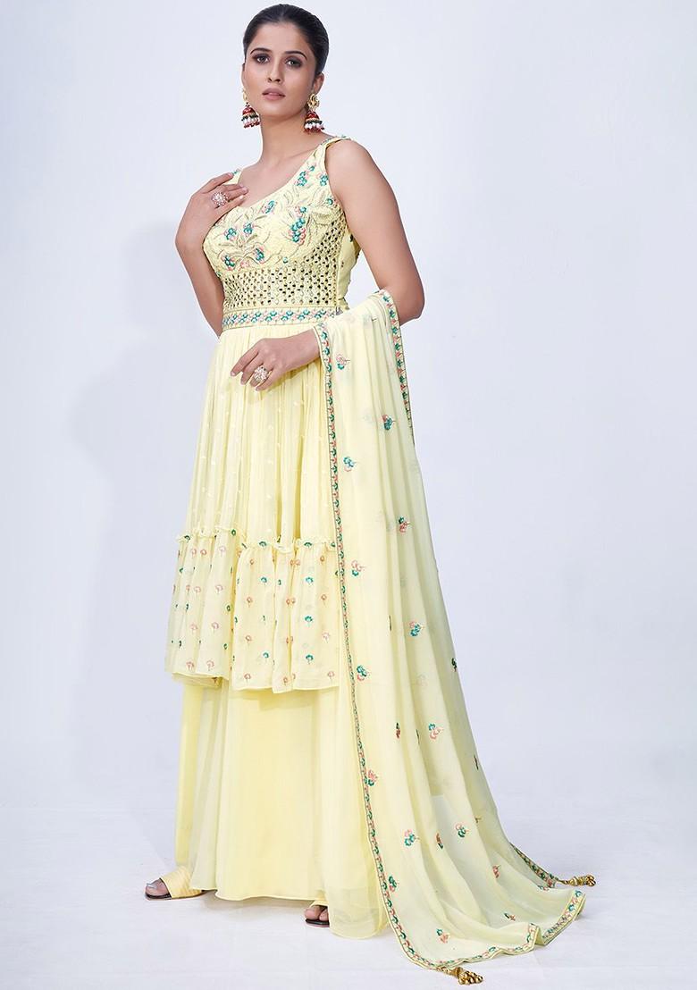 Yellow Embellished Poly Blend Palazzo Set With Dupatta