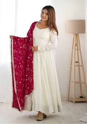 White Embroidered Poly Blend Anarkali Set With Dupatta