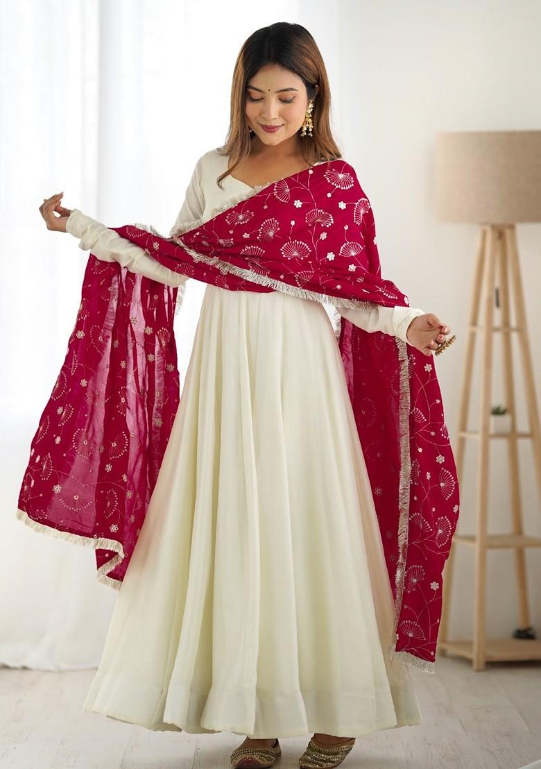 White Embroidered Poly Blend Anarkali Set With Dupatta