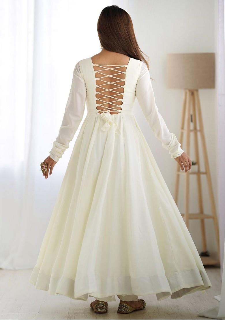 White Embroidered Poly Blend Anarkali Set With Dupatta