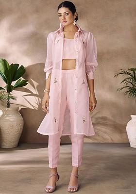 Pink Embroidered Poly Blend Co Ord Set