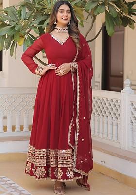 Maroon Embroidered Poly Blend Anarkali Set With Dupatta