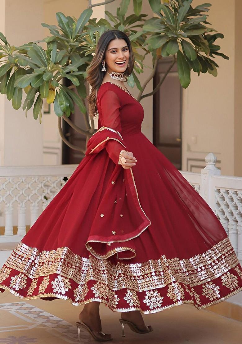 Maroon Embroidered Poly Blend Anarkali Set With Dupatta