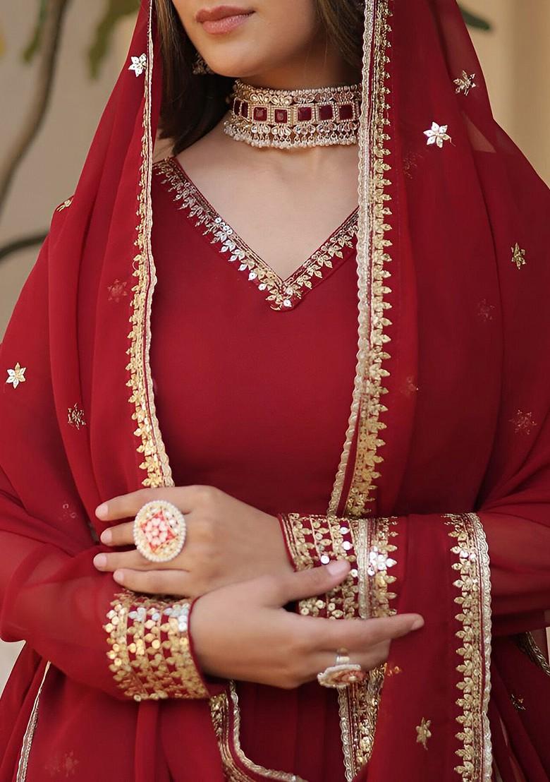 Maroon Embroidered Poly Blend Anarkali Set With Dupatta