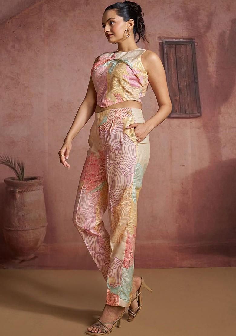 Off White Printed Poly Blend Co Ord Set