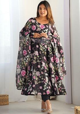 Black Printed Poly Blend Salwar Kameez With Dupatta