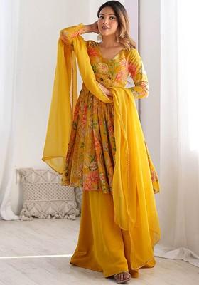 Mustard Yellow Printed Poly Blend Anarkali Set With Dupatta