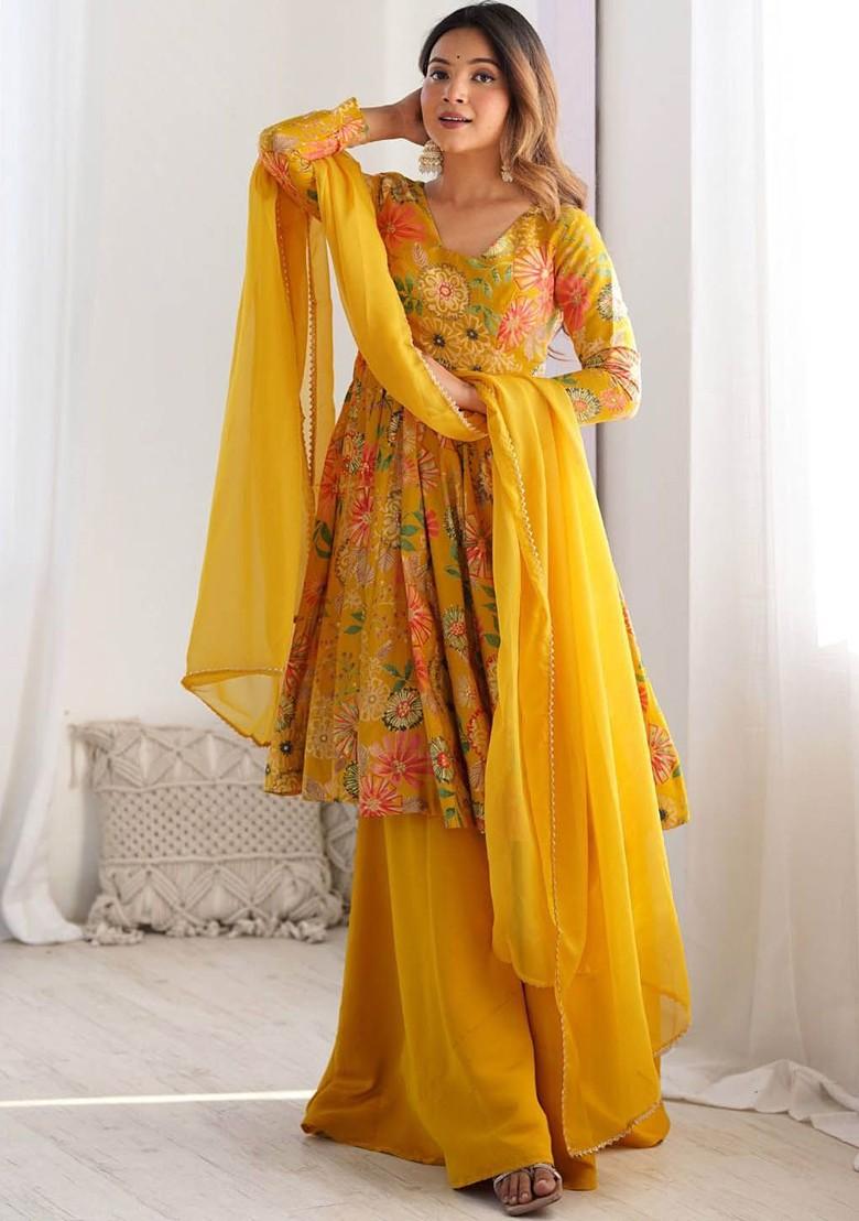Mustard Yellow Printed Poly Blend Anarkali Set With Dupatta