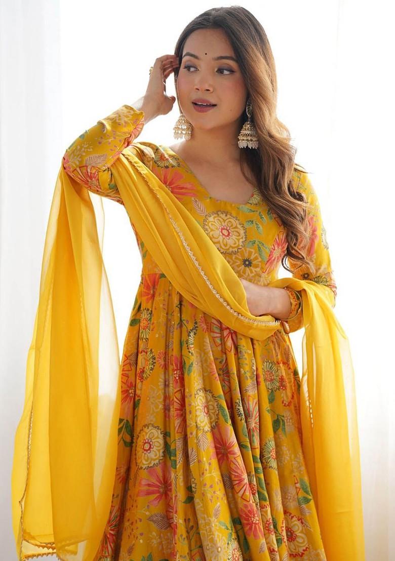 Mustard Yellow Printed Poly Blend Anarkali Set With Dupatta