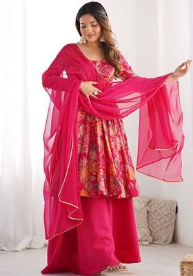 Pink Printed Poly Blend Anarkali Set With Dupatta
