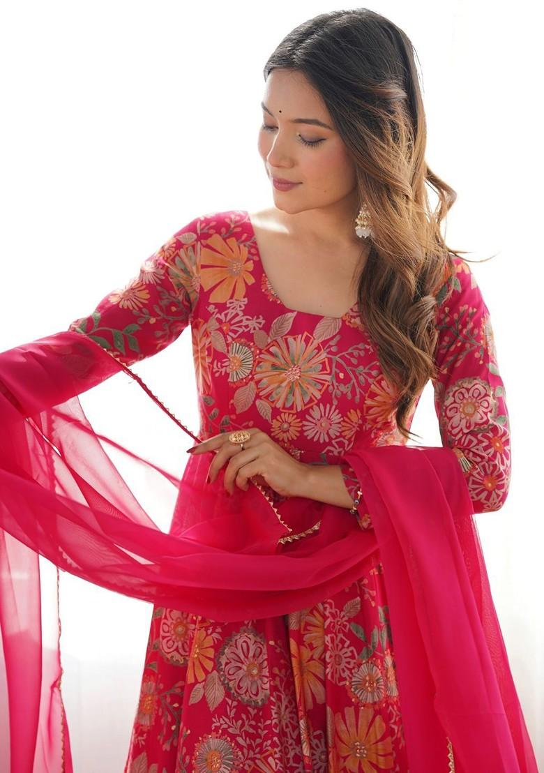 Pink Printed Poly Blend Anarkali Set With Dupatta