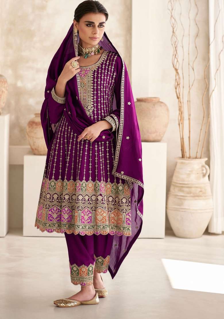 Purple Embroidered Art Silk Salwar Kameez With Dupatta - Indya