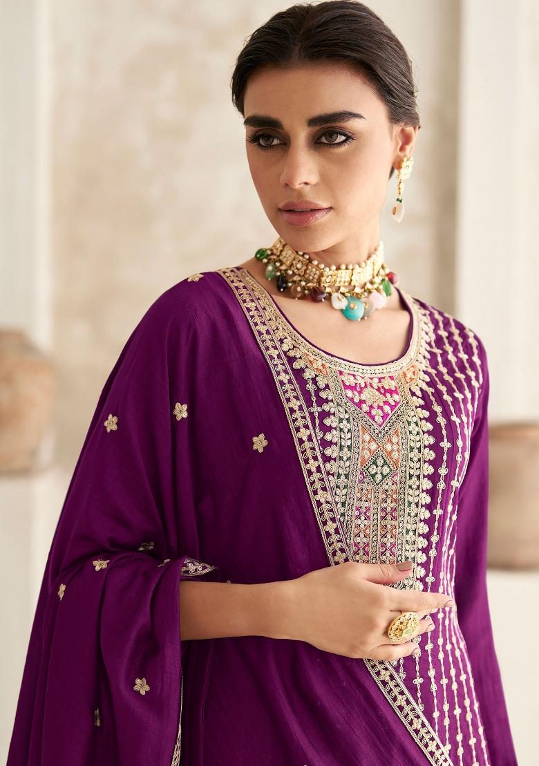 Purple Embroidered Art Silk Salwar Kameez With Dupatta