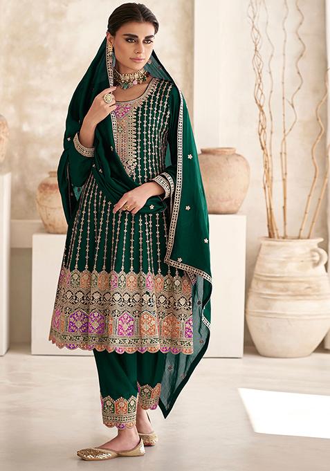 Green Embroidered Art Silk Salwar Kameez With Dupatta