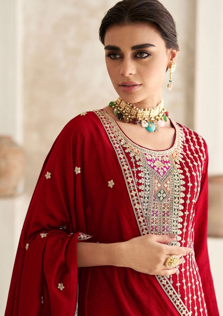 Red Embroidered Art Silk Salwar Kameez With Dupatta