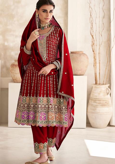 Red Embroidered Art Silk Salwar Kameez With Dupatta