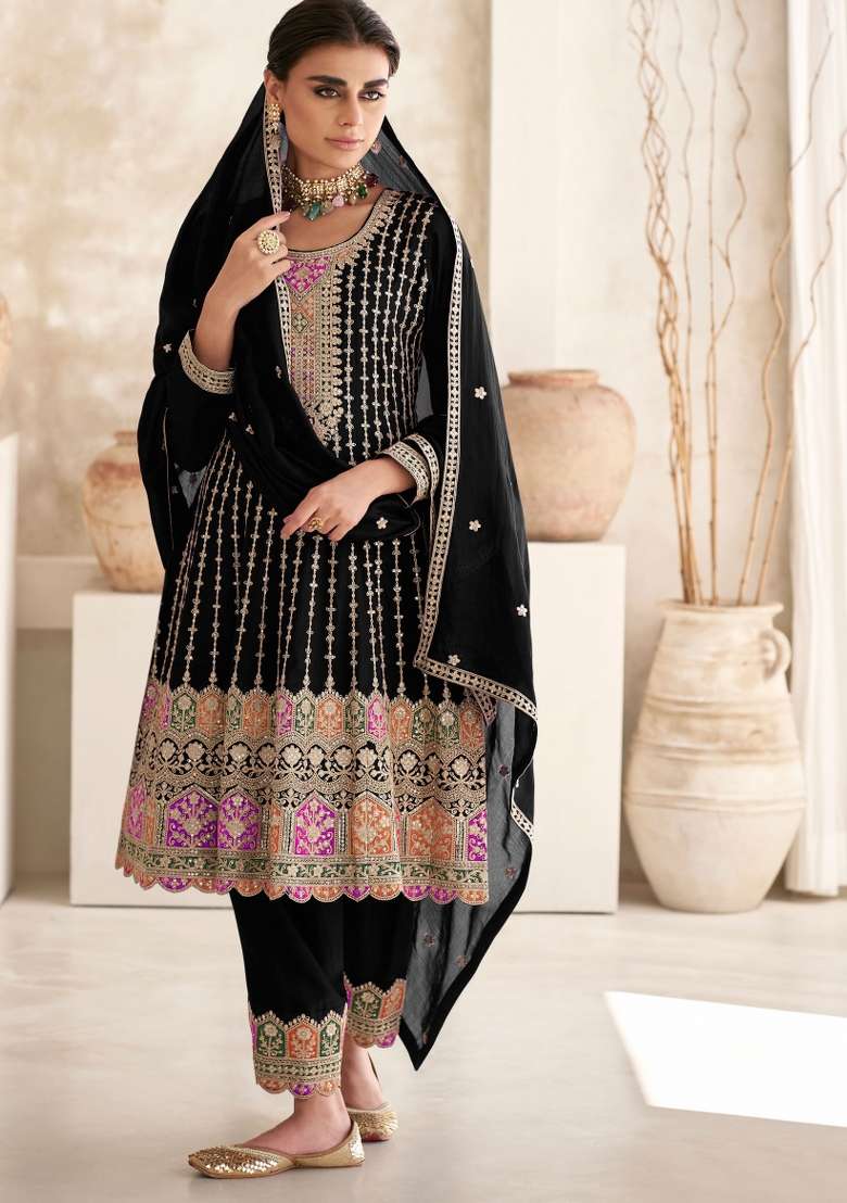 Black Embroidered Art Silk Salwar Kameez With Dupatta - Indya