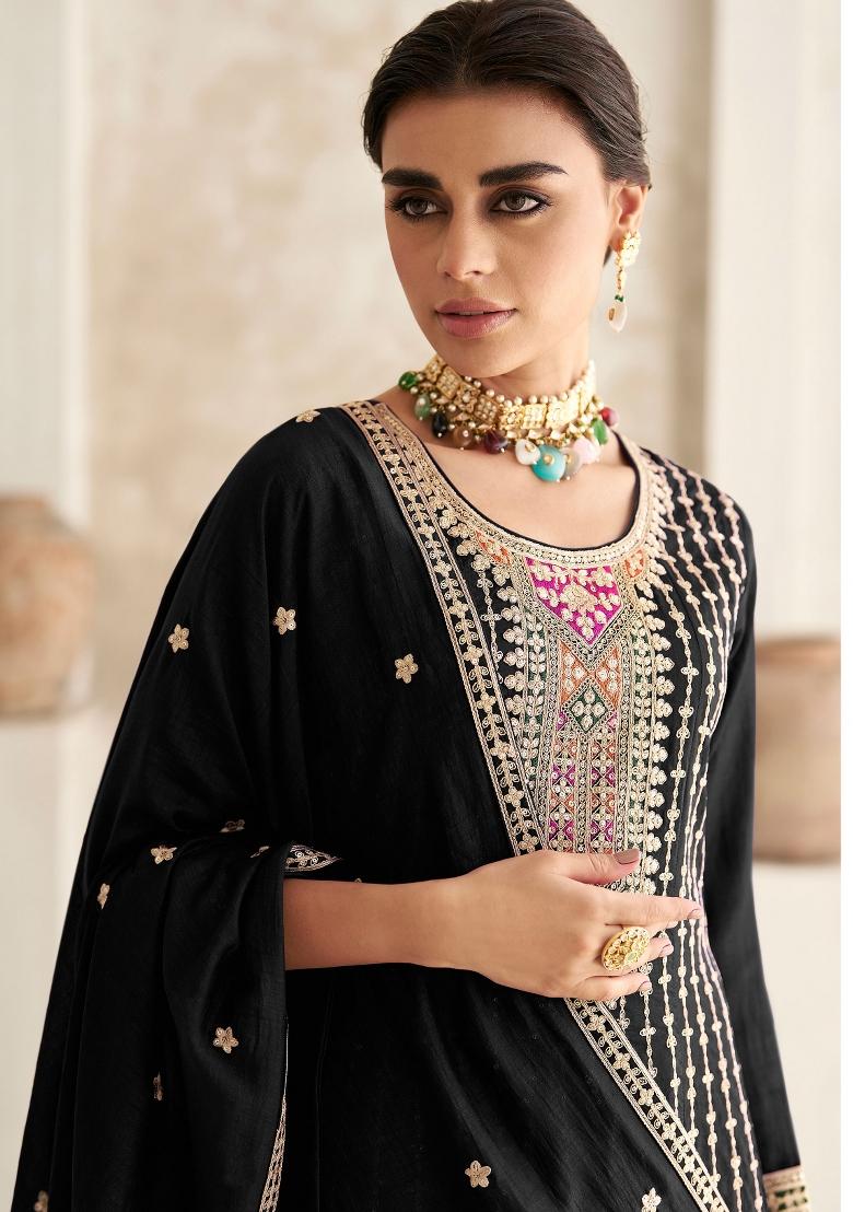 Black Embroidered Art Silk Salwar Kameez With Dupatta
