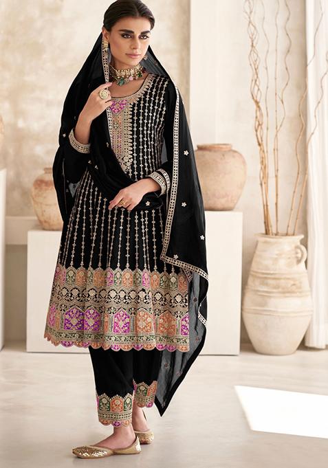 Black Embroidered Art Silk Salwar Kameez With Dupatta