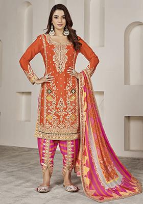 Orange Embroidered Chinon Salwar Kameez With Dupatta