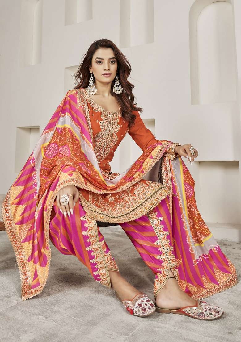 Orange Embroidered Chinon Pakistani Suit Set - Indya