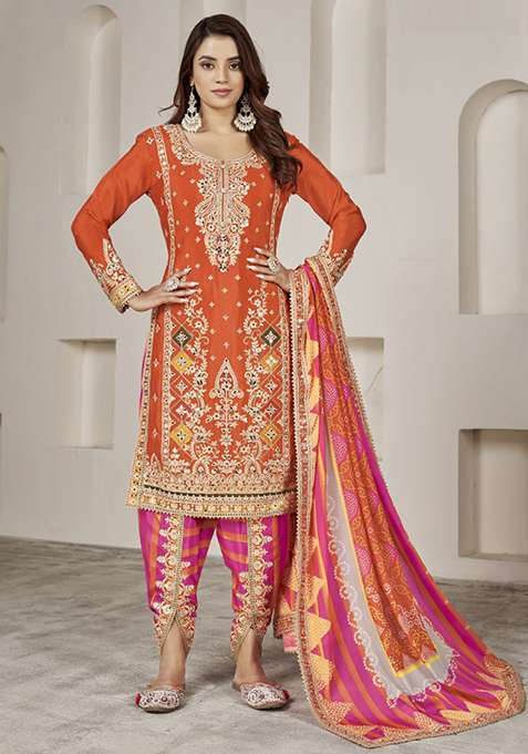 Orange Embroidered Chinon Pakistani Suit Set