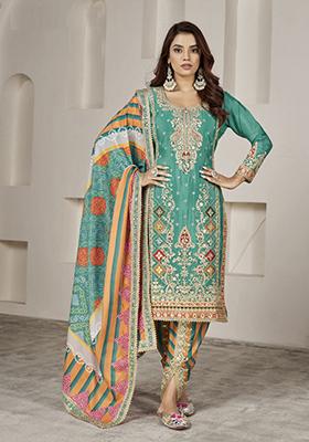 Turquoise Embroidered Chinon Salwar Kameez With Dupatta