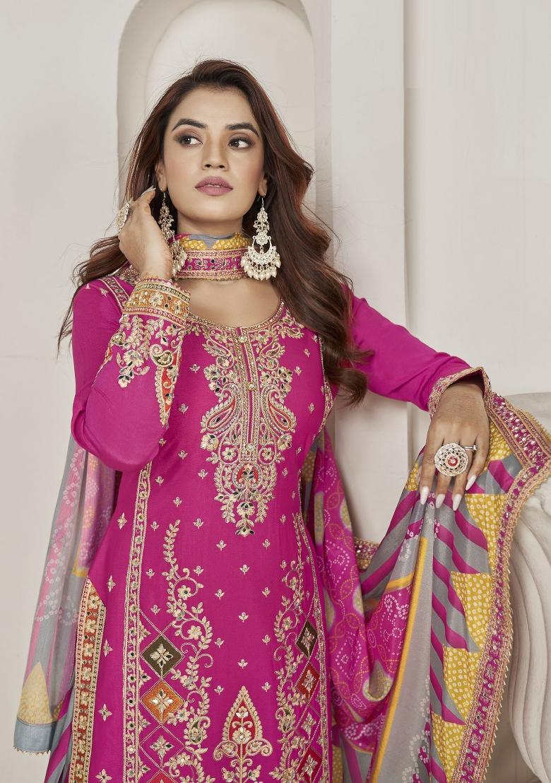 Pink Embroidered Chinon Salwar Kameez With Dupatta