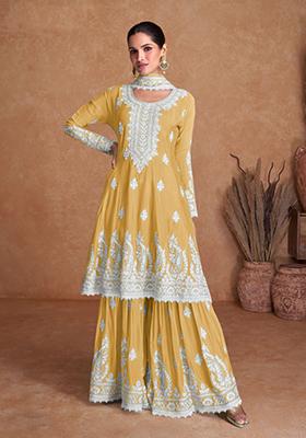 Yellow Embroidered Chinon Salwar Kameez With Dupatta