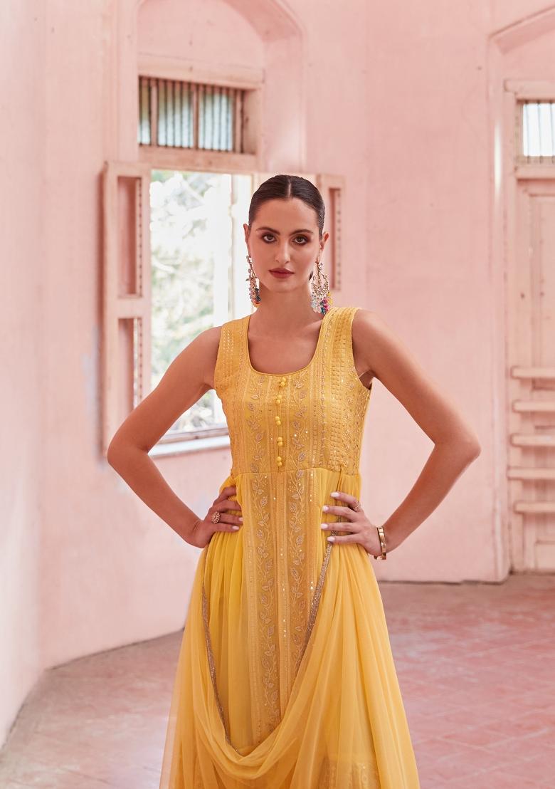 Mustard Yellow Embroidered Georgette Salwar Kameez With Dupatta