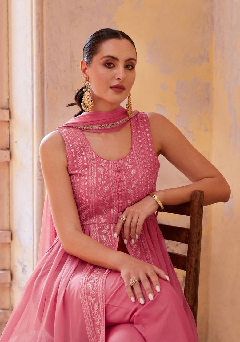 Rose Golden Embroidered Georgette Salwar Kameez With Dupatta