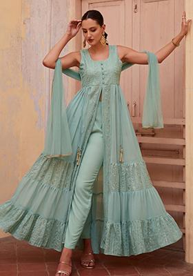 Turquoise Embroidered Georgette Salwar Kameez With Dupatta