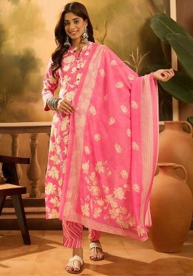 Pink Flower Printed Viscose Rayon Salwar Kameez With Dupatta