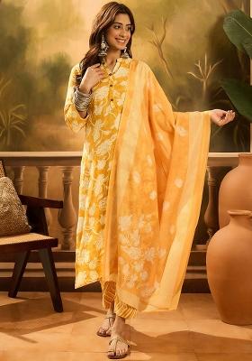 Yellow Flower Printed Viscose Rayon Salwar Kameez With Dupatta