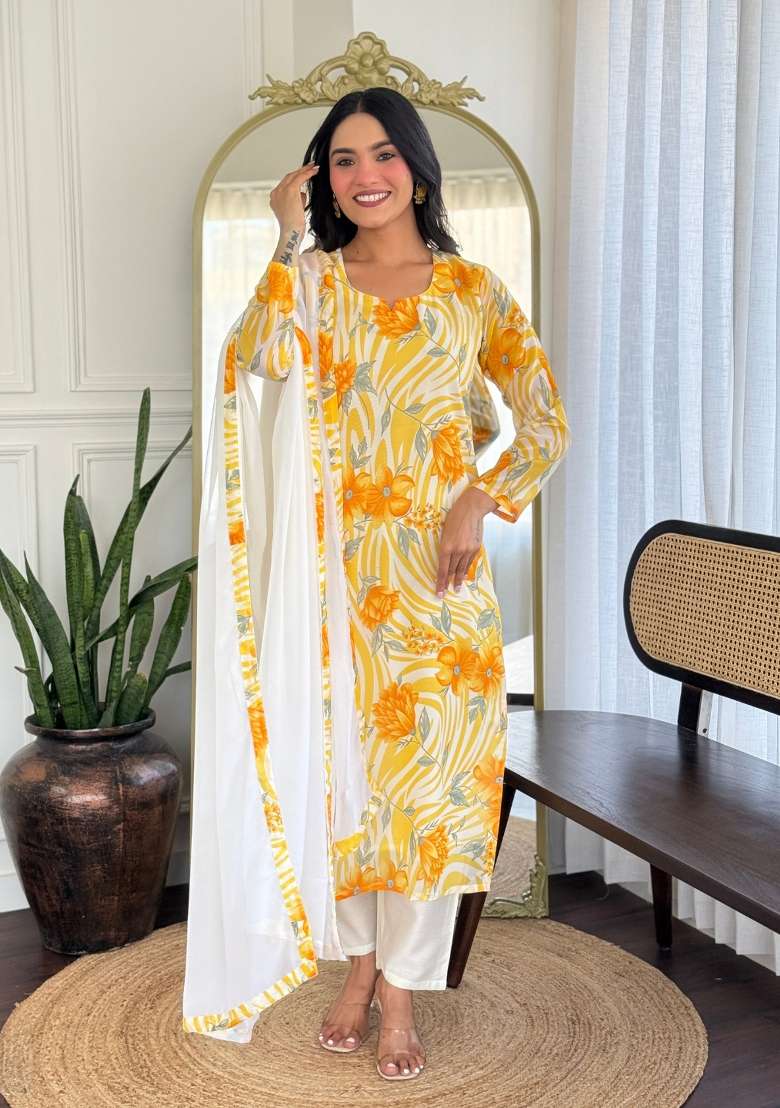 Yellow Solid Georgette Salwar Kameez With Dupatta - Indya