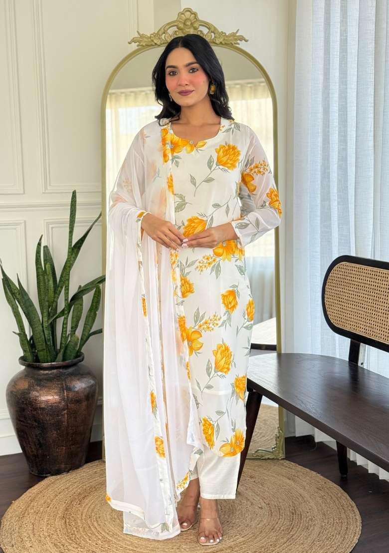 White Solid Georgette Salwar Kameez With Dupatta - Indya