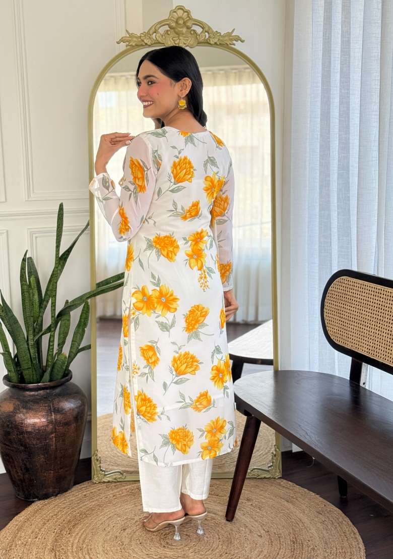 White Solid Georgette Salwar Kameez With Dupatta - Indya