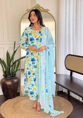 Sky Blue Solid Georgette Salwar Kameez With Dupatta